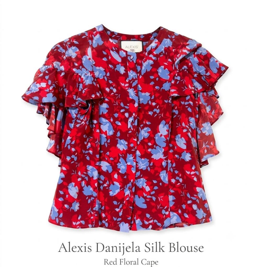 ALEXIS Danijela Silk Blouse Small Red Floral Cape Ruffle Button Front